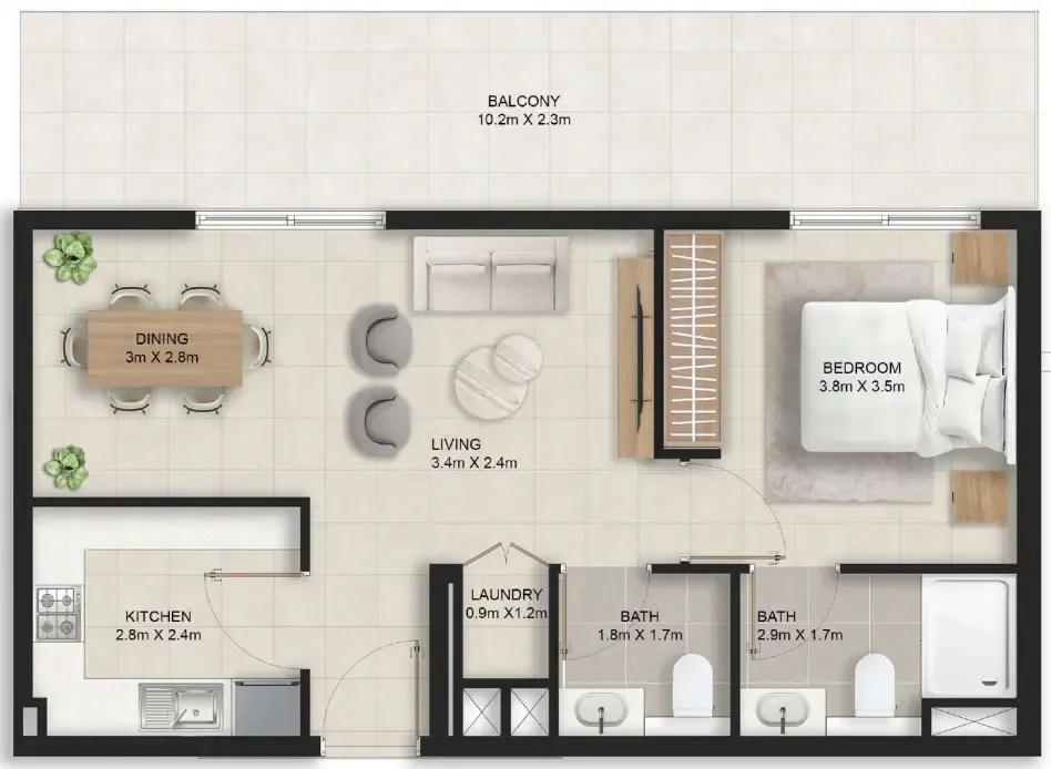 Stellar Axis 1 bed floor plan, 869 – 882 sqft