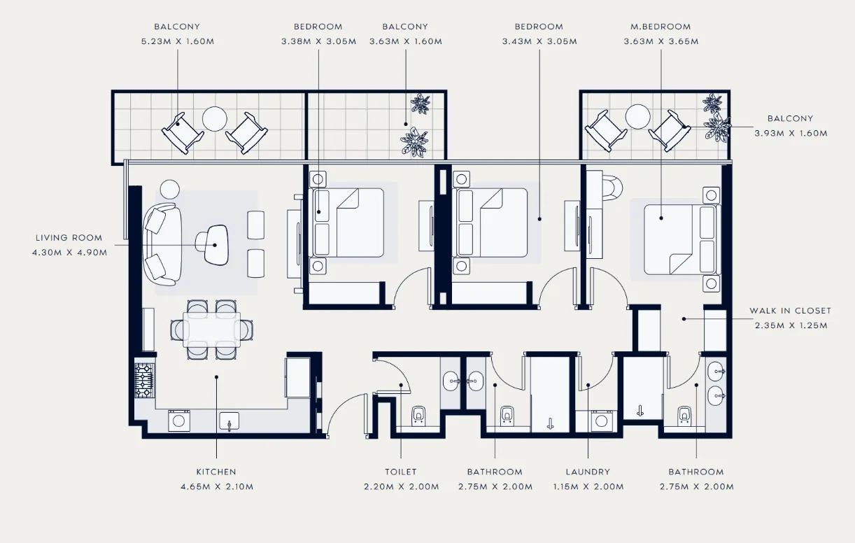 Azizi Venice 3 bed floor plan, 1,438 sqft