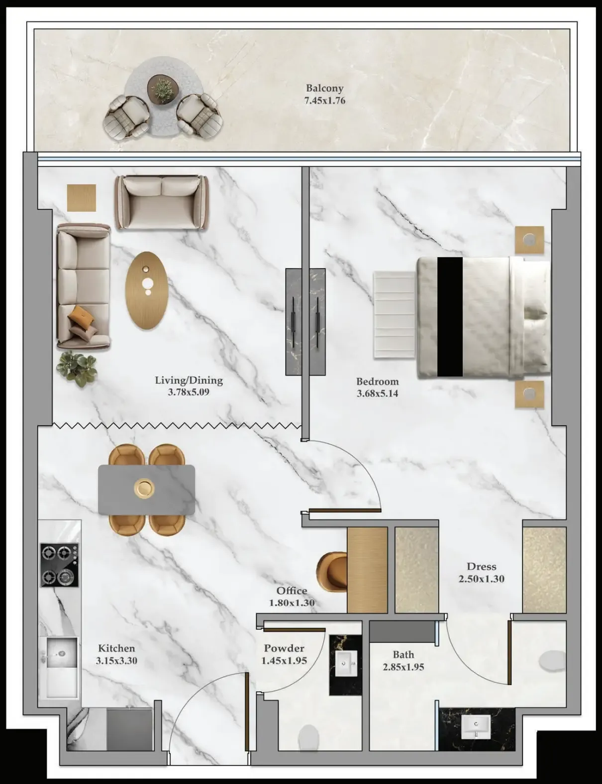 Bayz 102 1 bed floor plan, 749 sqft
