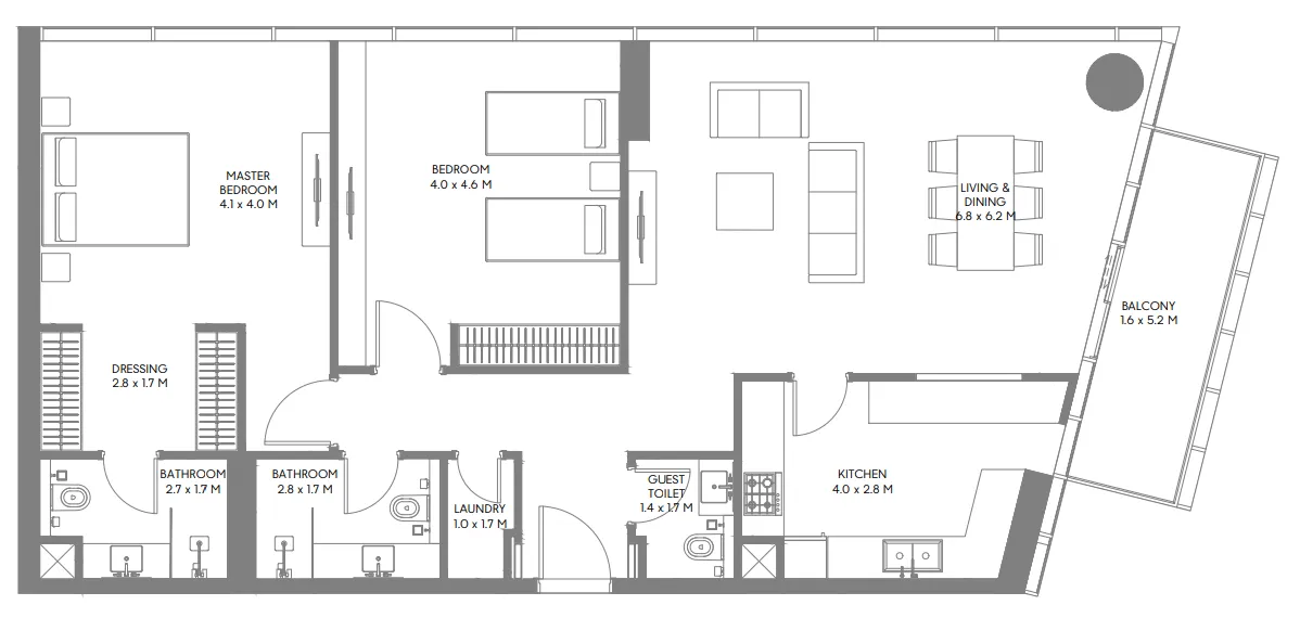 The Gate 3 and 4 2 bed floor plan, 1,396 sqft