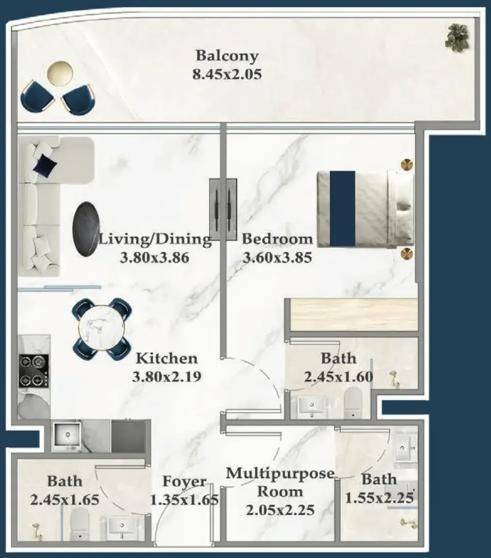 Serenz 1 bed floor plan, 799 – 805 sqft