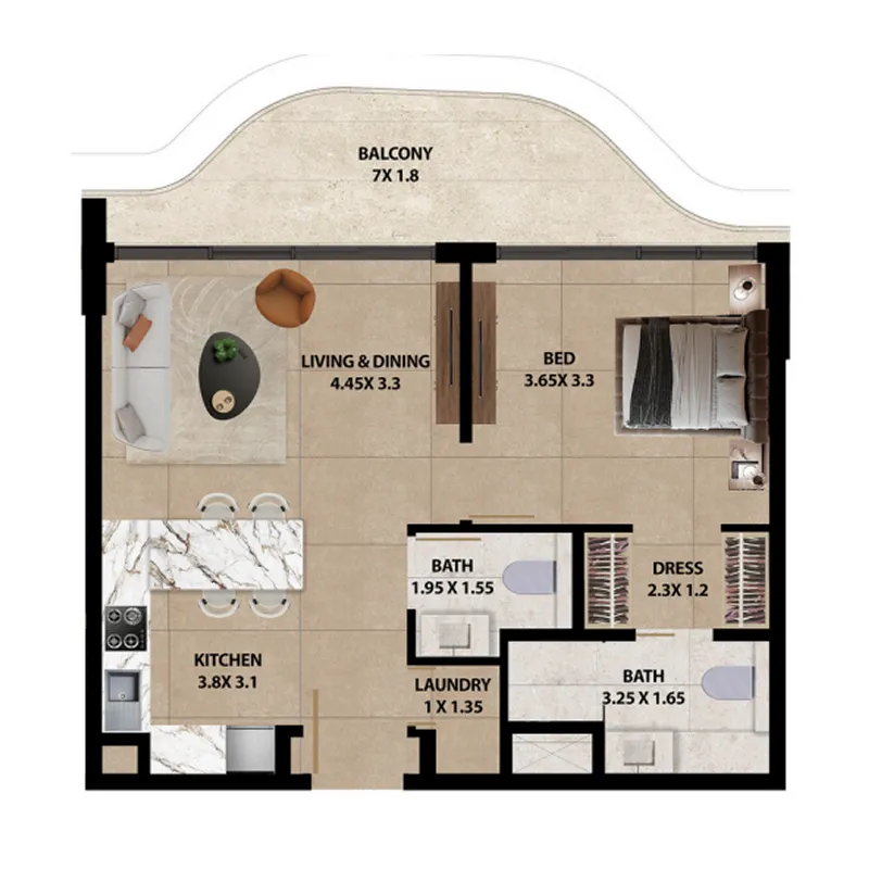 Marquis Horizon 1 bed floor plan, 784 – 1,440 sqft