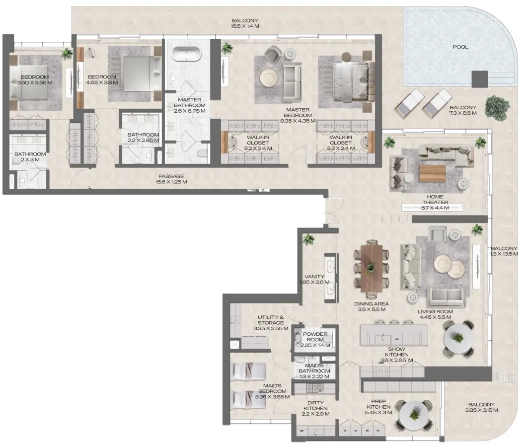 DWTN Residences 3 bed floor plan, 4,740 – 4,741 sqft