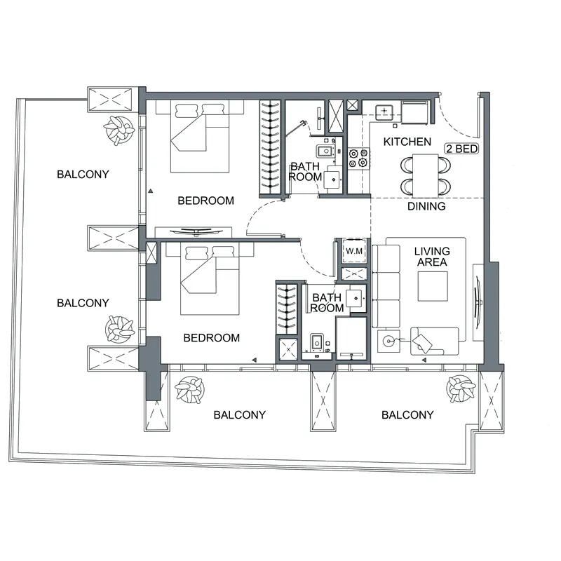 Binghatti Etherea 2 bed floor plan, 1,330 sqft