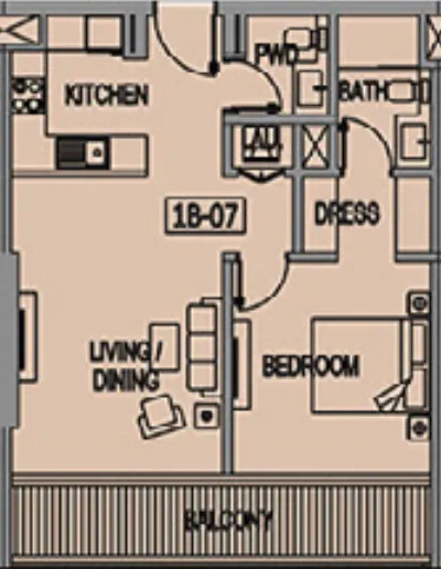Jade Tower 1 bed floor plan, 744 sqft