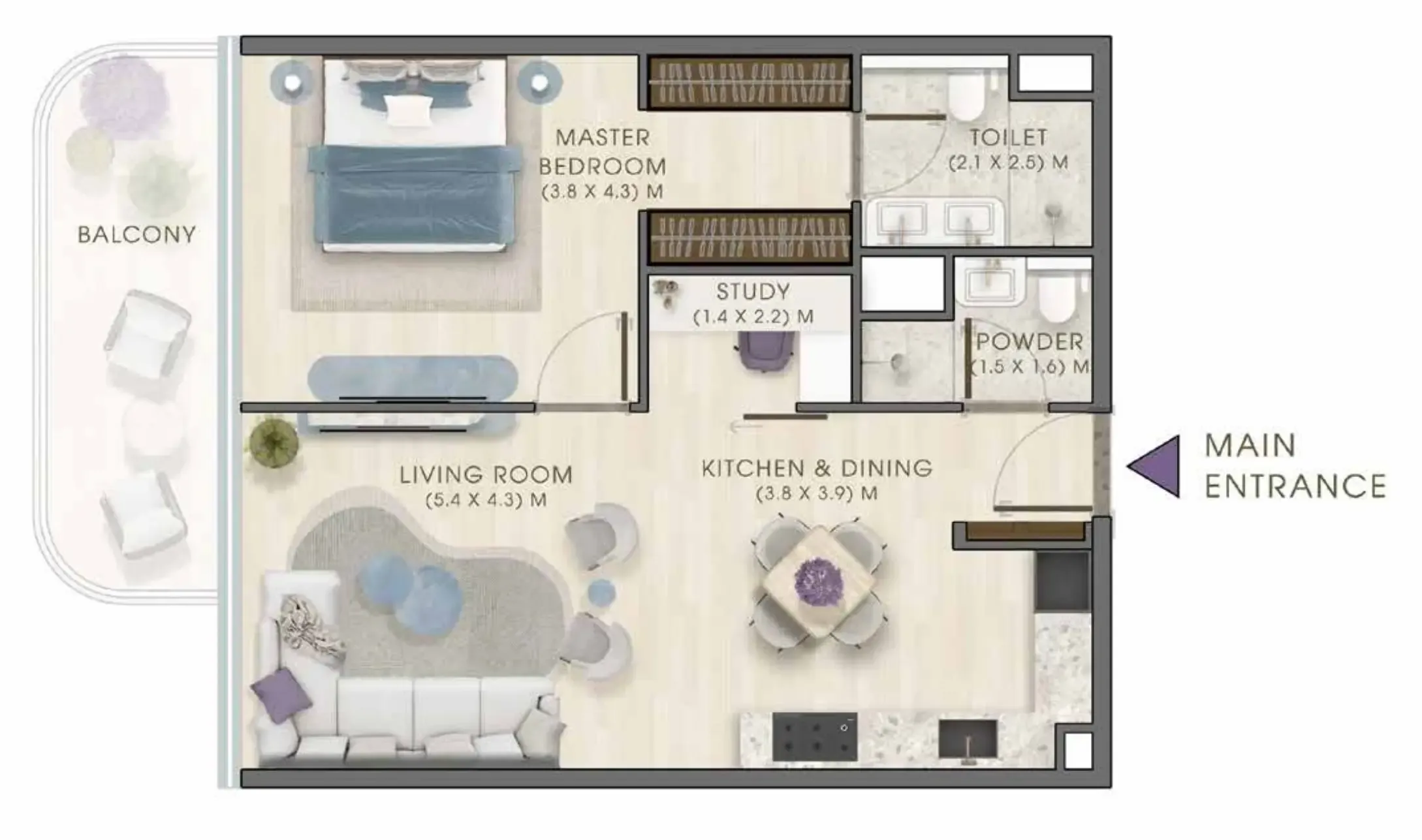 Kaia Residences 1 bed floor plan, 922 sqft