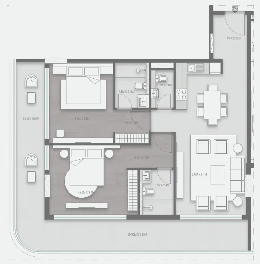 Valores Residences 2 bed floor plan, 1,404 sqft