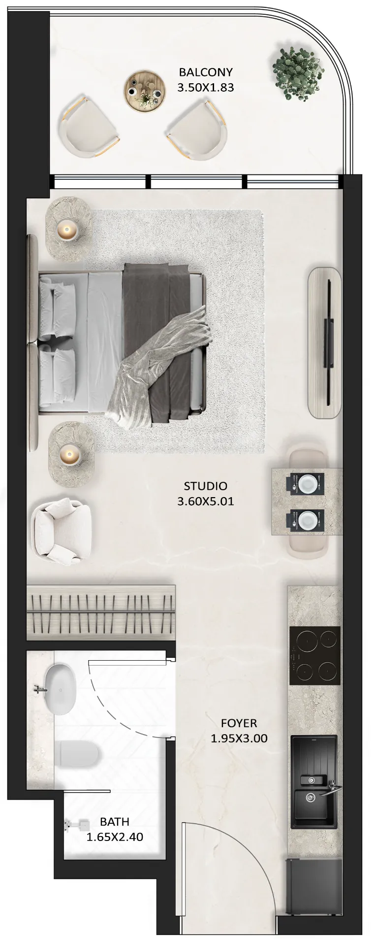 SquareX One Studio floor plan, 361 – 363 sqft
