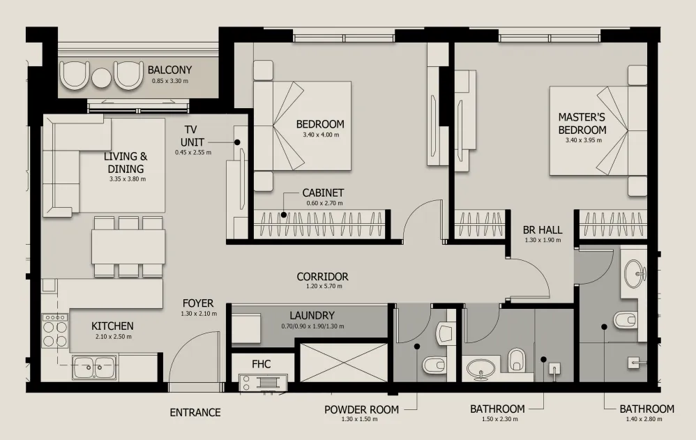 Al Mamsha Sharjah 2 bed floor plan, 1,055 sqft