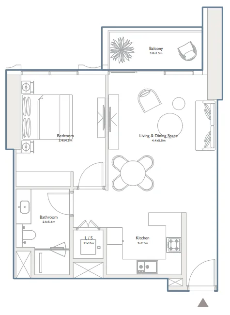 Serenia District West Residence 1 bed floor plan, 830 sqft
