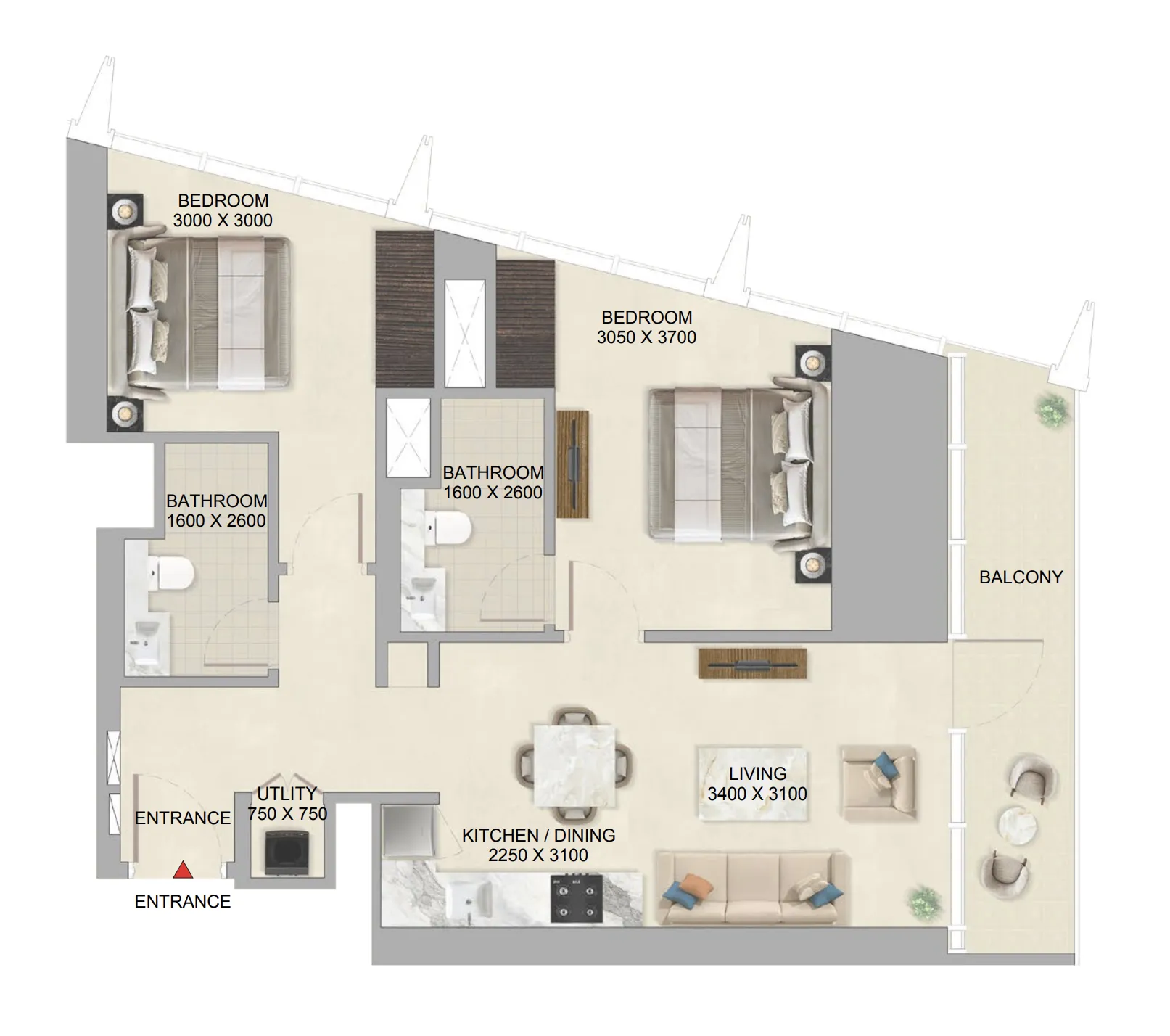 The Mirage at Sobha Central 2 bed floor plan, 875 sqft