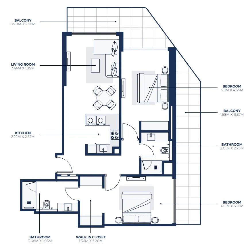 Creek Views 3 2 bed floor plan, 1,324 sqft