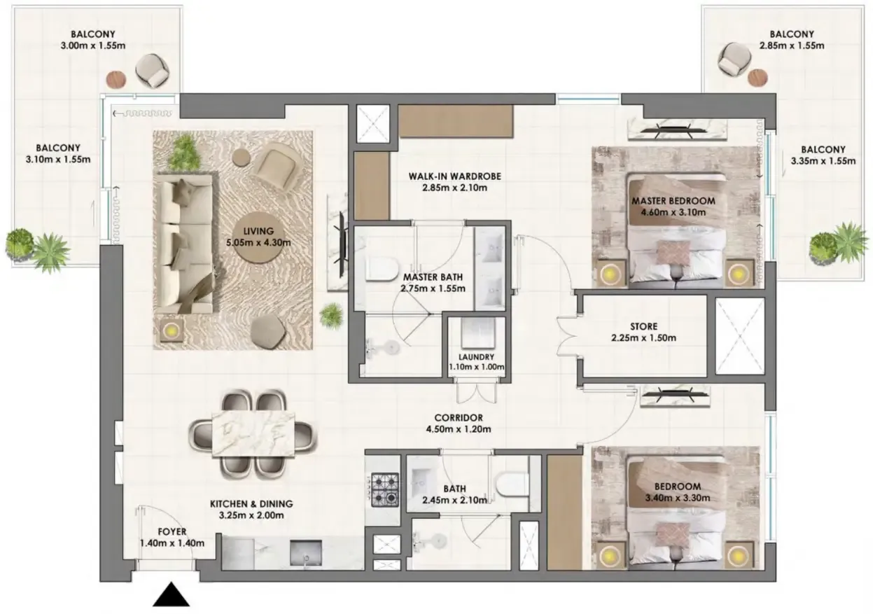 Parkwood Emaar 2 bed floor plan, 1,299 – 1,302 sqft