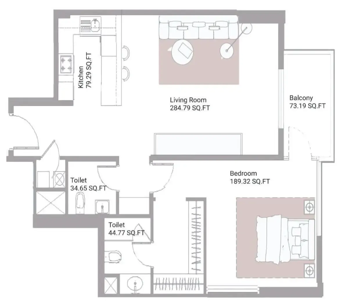 Ajman Creek Towers 1 bed floor plan, 1,240 sqft