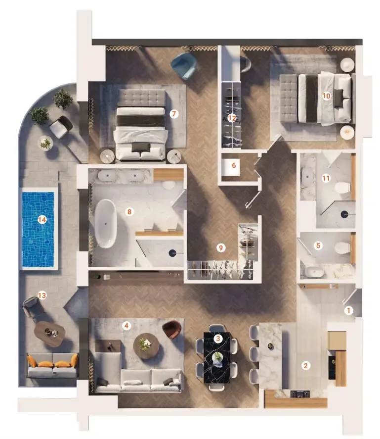 The Orchard Place Towers D & E 2 bed floor plan, 1,336 sqft