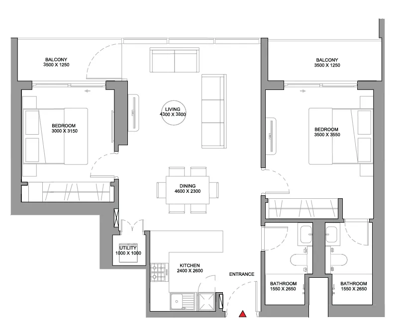Sobha Orbis 2 bed floor plan, 1,158 sqft