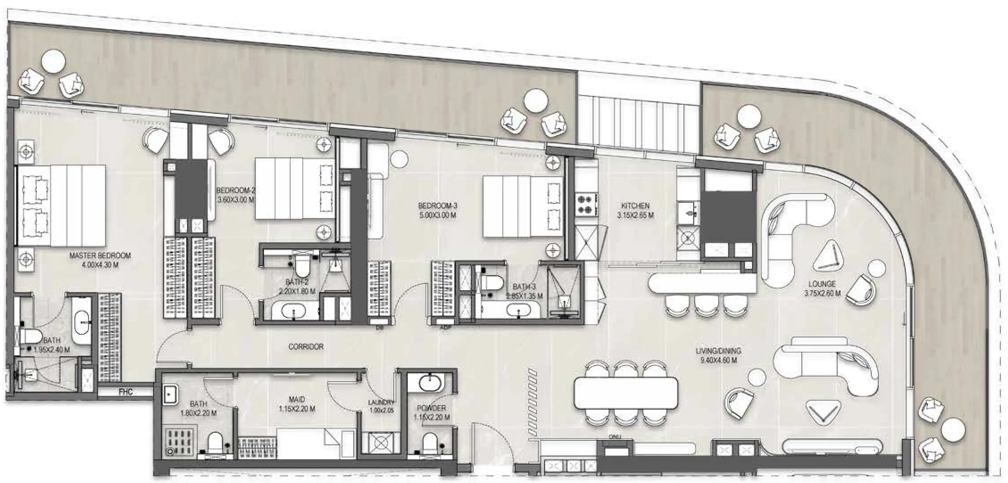 The Artery Residences 3 bed floor plan, 2,270 – 2,388 sqft