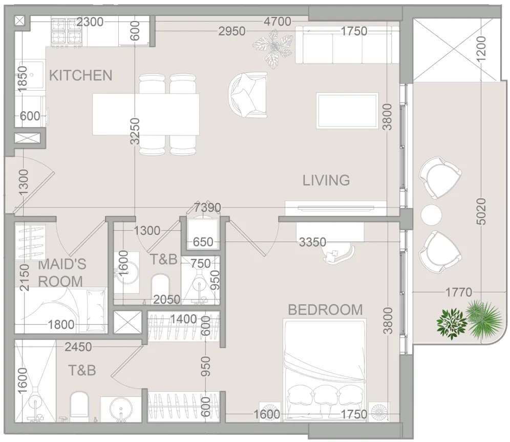 TETR1S Tower 1 bed floor plan, 754 sqft
