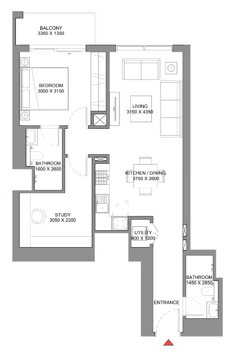 350 Riverside Crescent 1 bed floor plan, 843 sqft
