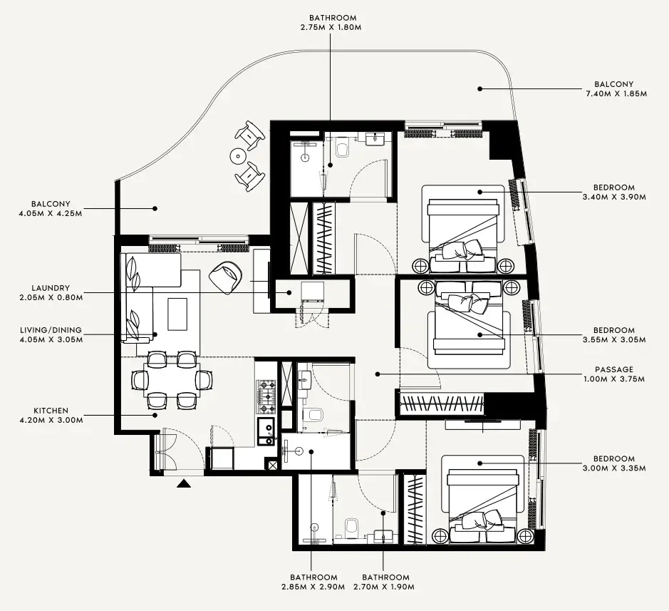 Azizi Milan 3 bed floor plan, 1,372 sqft