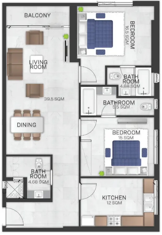 Bluebell Residence 2 bed floor plan, 1,735 – 1,739 sqft