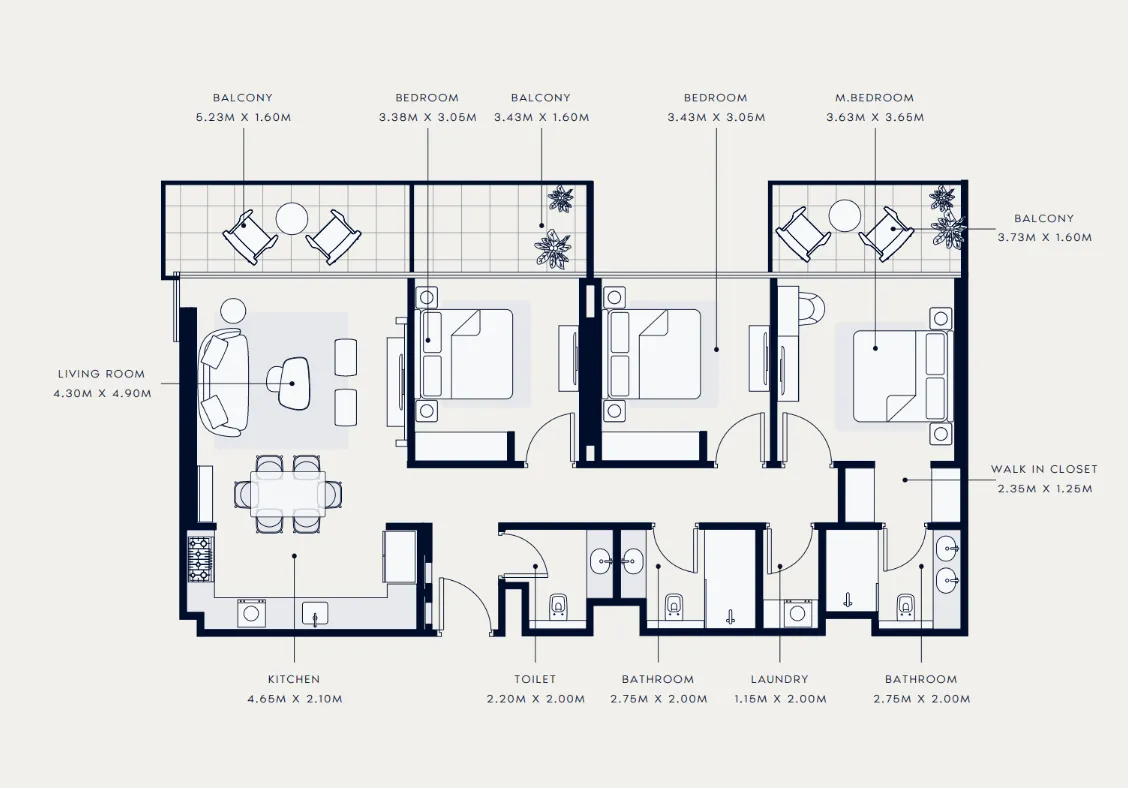 Azizi Venice 3 bed floor plan, 1,432 sqft