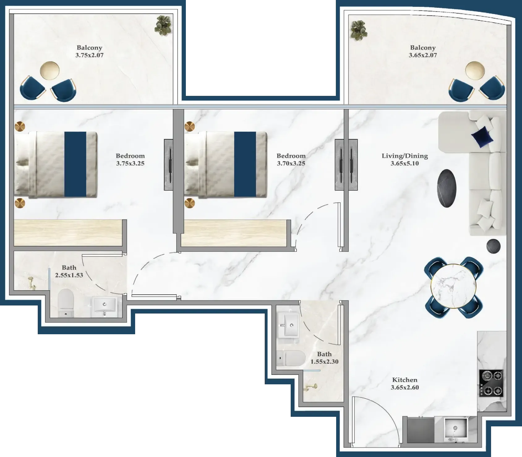 Serenz 2 bed floor plan, 853 sqft