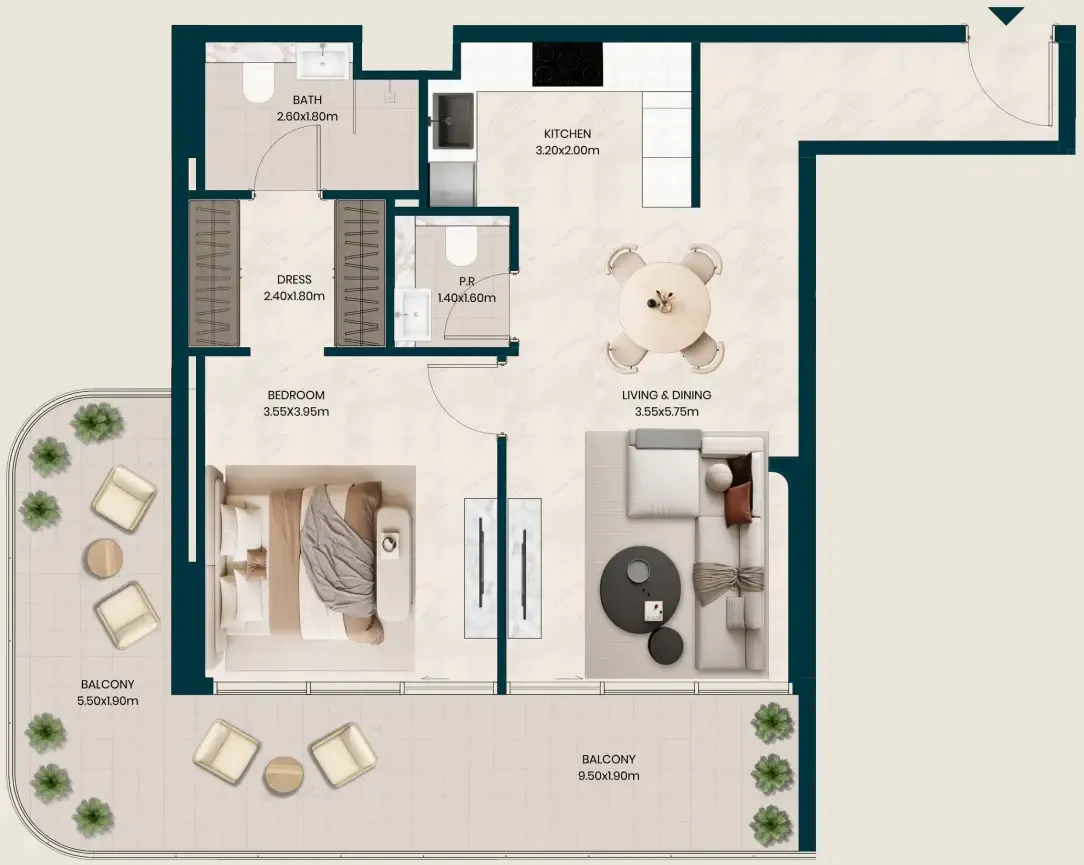 Kyomi Residences 1 bed floor plan, 971 sqft