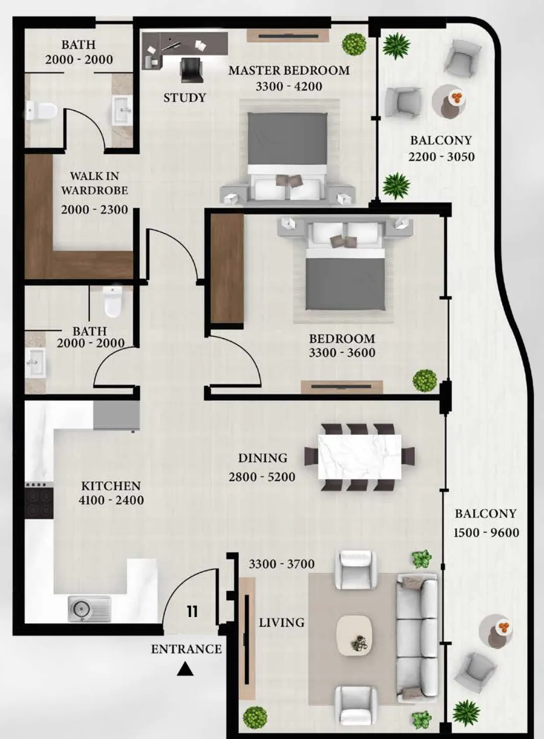 Avion Residence 2 bed floor plan, 1,189 sqft