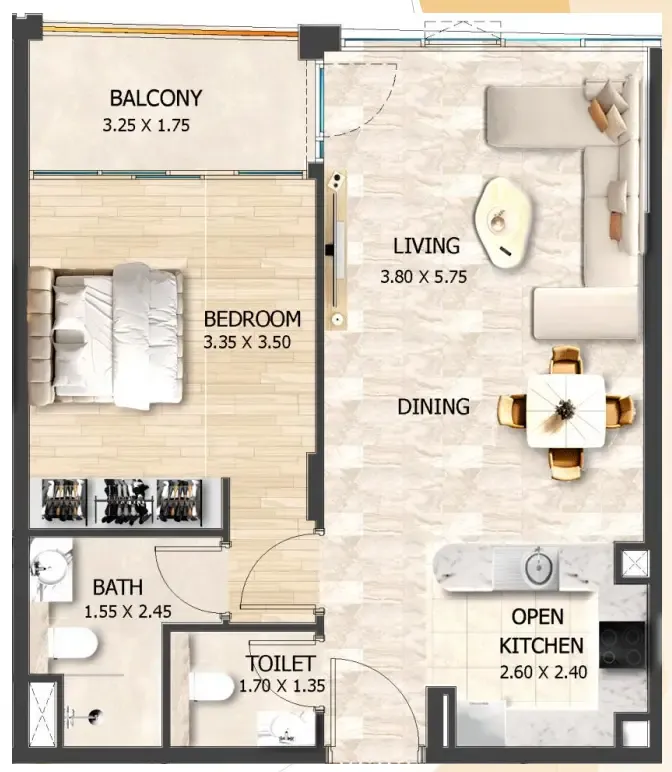 Crystal Tower by VHS 1 bed floor plan, 669 sqft