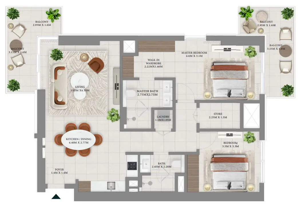 Vida Residences Hillside 2 bed floor plan, 1,309 sqft