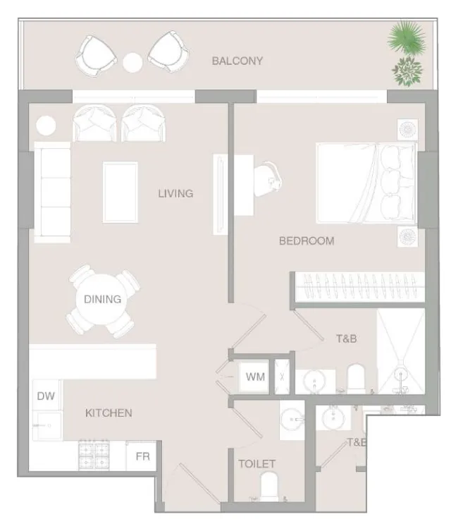 VERDAN1A 3 1 bed floor plan, 744 sqft