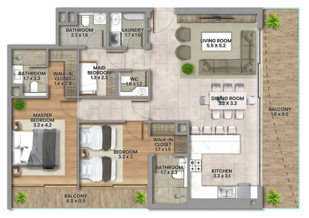 Elemental 22 2 bed floor plan, 1,428 sqft