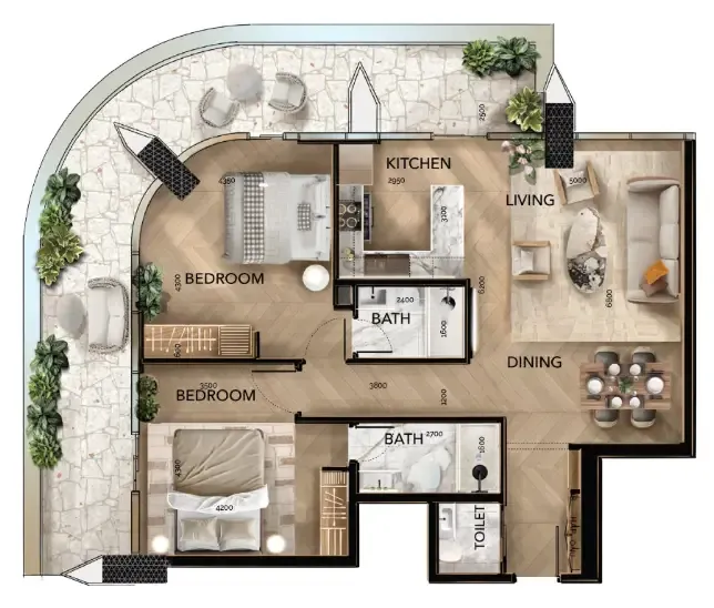 Radiant Bridges 2 bed floor plan, 1,612 sqft