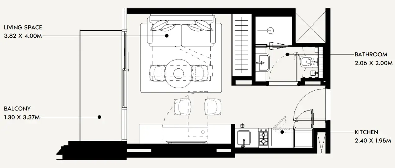 Jaddaf Beach Oasis Studio floor plan, 338 sqft