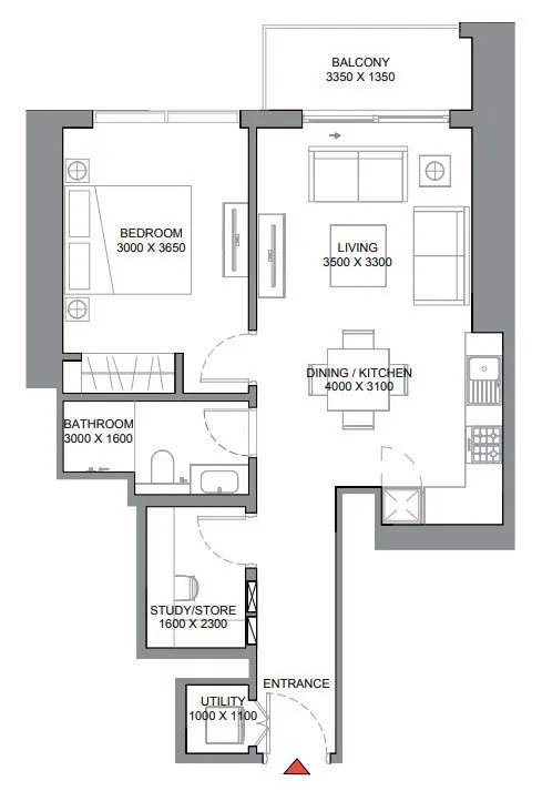 360 Riverside Crescent 1 bed floor plan, 710 sqft