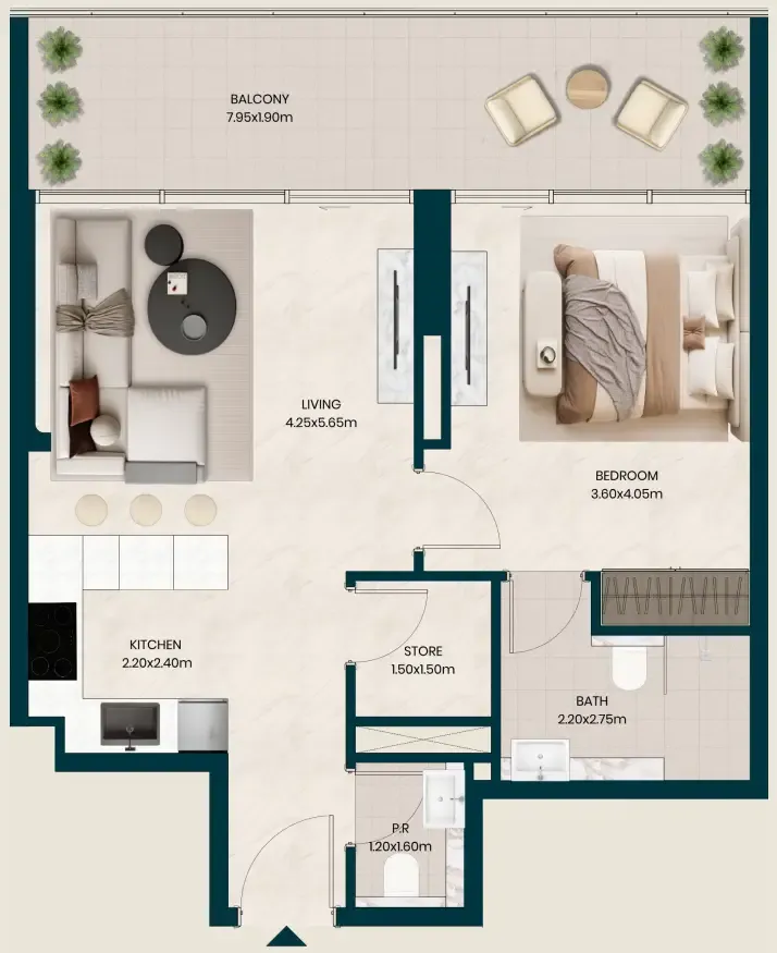Kyomi Residences 1 bed floor plan, 776 sqft