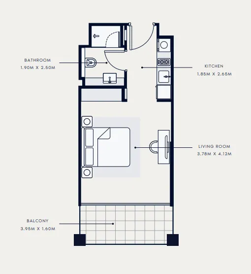 Riviera 65 Studio floor plan, 386 sqft