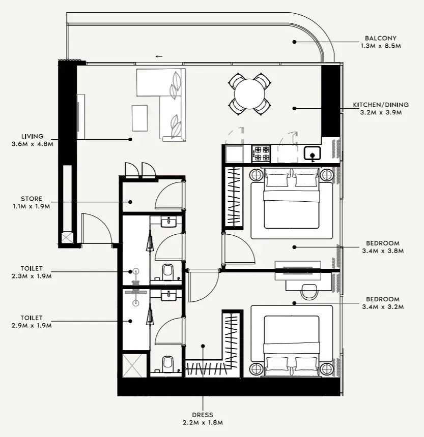 Azizi Milan 2 bed floor plan, 1,075 sqft