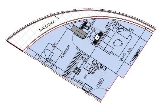 Binghatti Aquarise 1 bed floor plan, 783 sqft