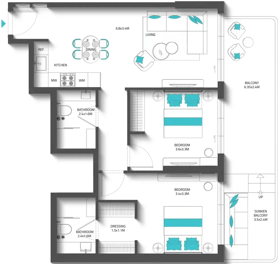 Reef 996 2 bed floor plan, 1,045 – 1,063 sqft