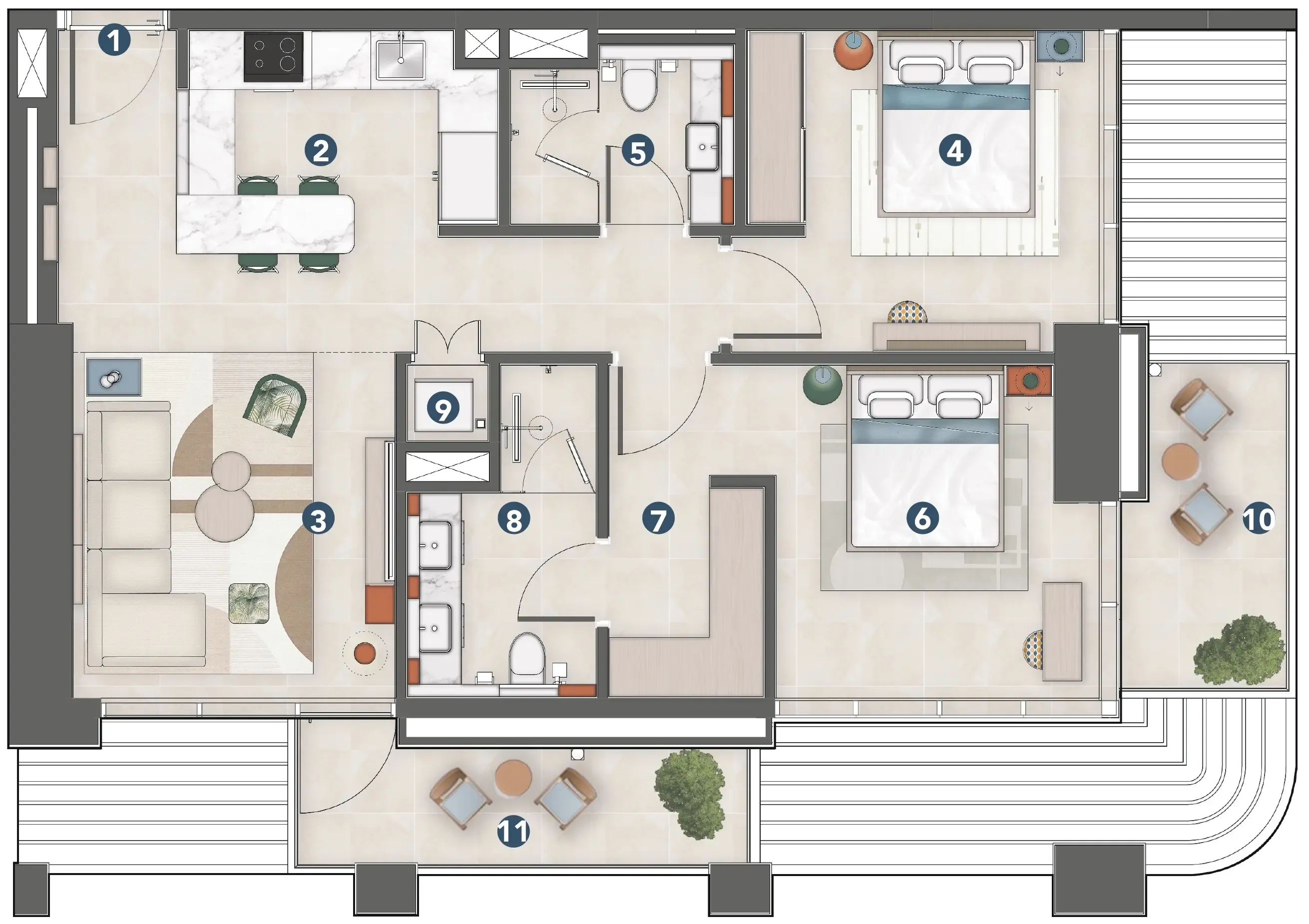 Rove Home Meydan Horizon 2 bed floor plan, 942 sqft
