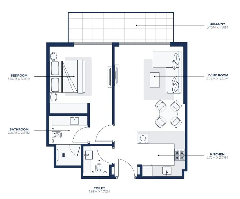 Creek Views 3 1 bed floor plan, 733 sqft