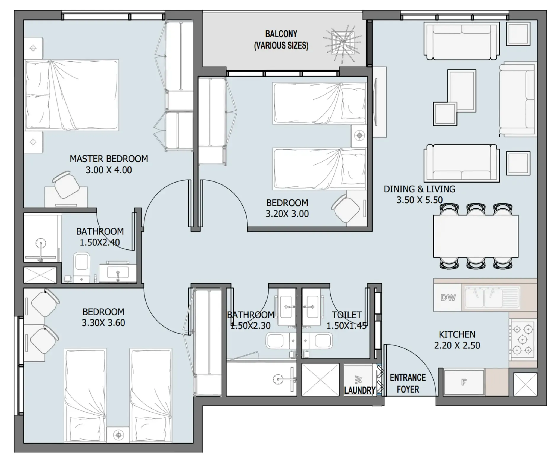 Verdana III 3 bed floor plan, 1,020 – 1,021 sqft