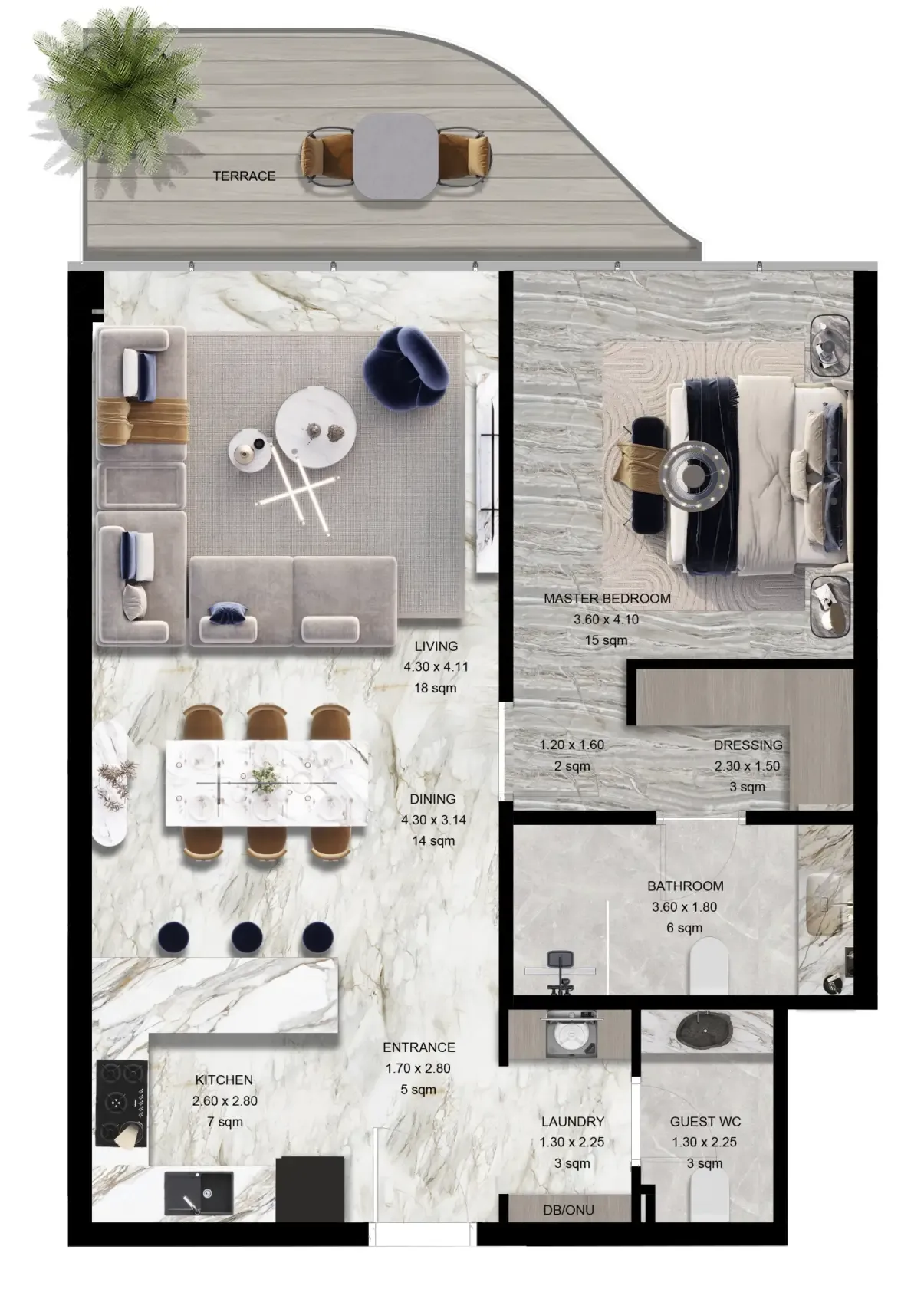 Jacob and Co Beachfront Living 1 bed floor plan, 1,313 – 1,389 sqft