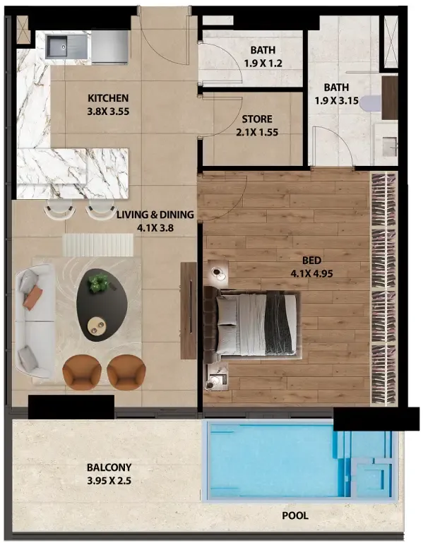 Marquis One 1 bed floor plan, 955 sqft