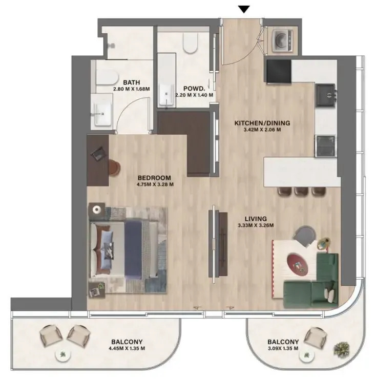 Mövenpick Residences Dubai Motor City Phase 1 1 bed floor plan, 712 sqft
