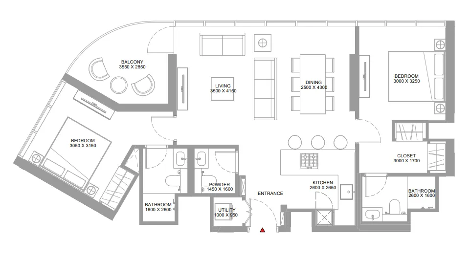 Bayside Marina Residences 2 bed floor plan, 1,021 – 1,022 sqft