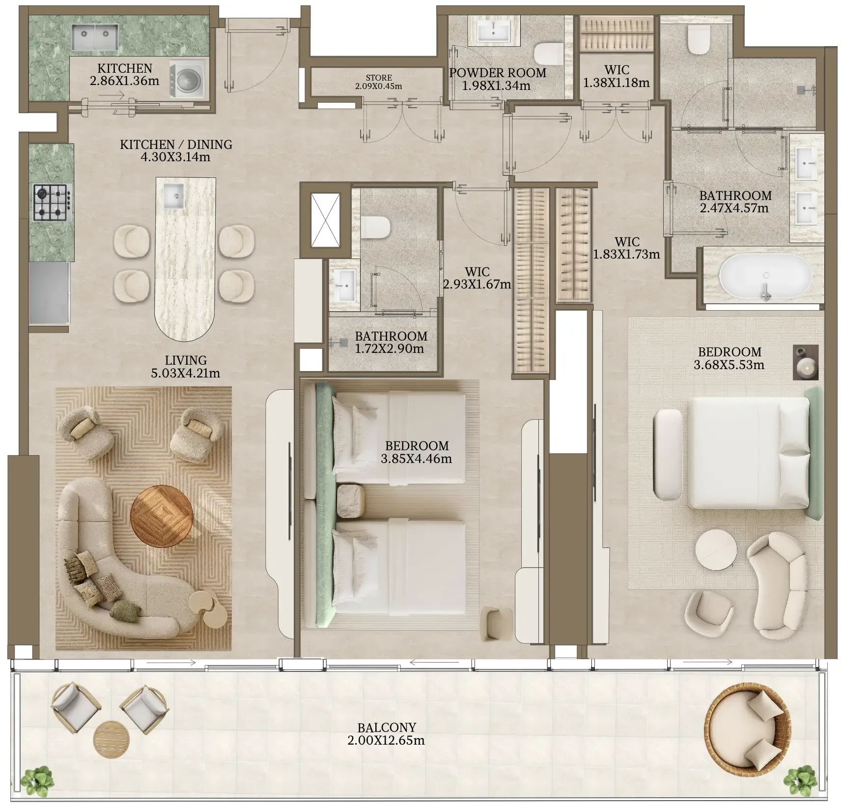 Nasim Al Bahr Residences 2 bed floor plan, 1,665 sqft