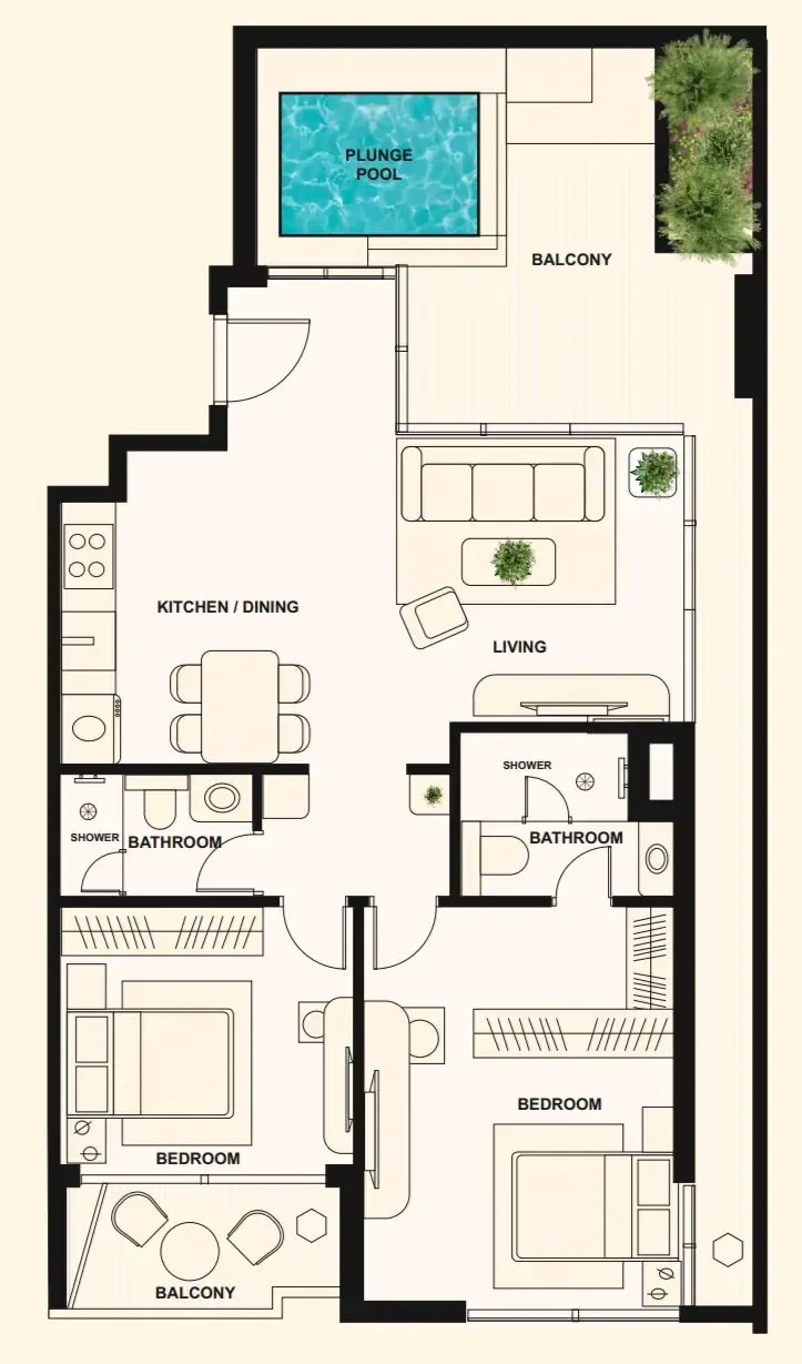 The Elysian 2 bed floor plan, 1,317 sqft